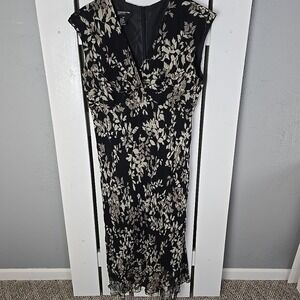 Jones New York Womens Silk Midi Dress 16W Black Floral Cap Sleeve Babydoll